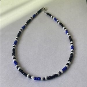 Handmade Beaded Necklace - Black, Blue, White